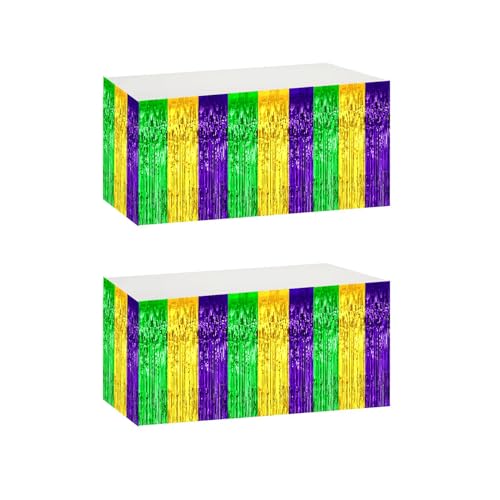 29.5x72 Inch Mardi Gras Metallic Foil Fringe Table Skirts - Green, Gold, Purple, 2 Pack