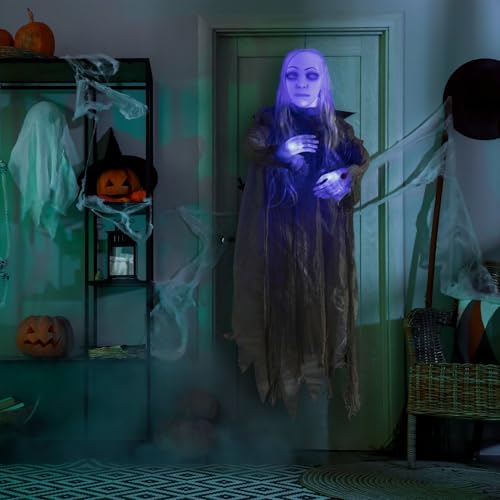 Animated Hanging Ghost Girl Halloween Decor - Glowing Head & Creepy Sounds, 48 Inch with Gray Variation