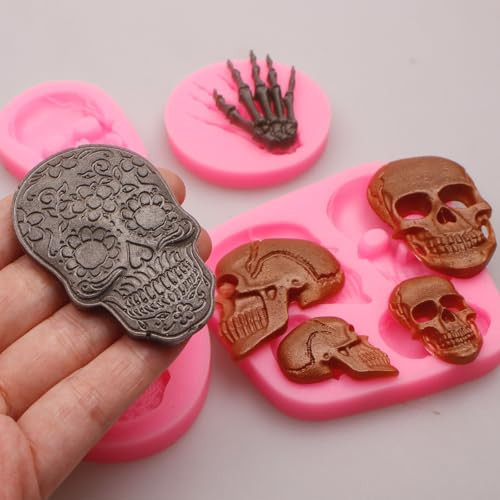 Halloween Skull Silicone Mold Set with Skeleton Hands & Sugar Skull - Pink M107