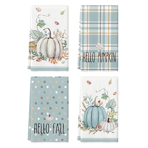 Blue Stripes Pumpkin Fall Kitchen Towels Set of 4 18x26 Inches - Artoid Mode