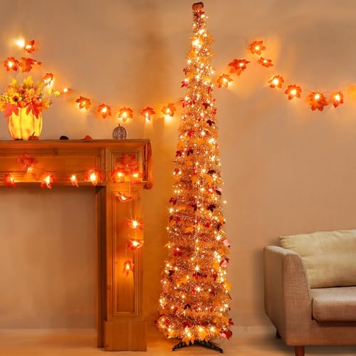 6FT Fall Pop Up Tinsel Tree with Lights - Battery Operated Autumn Decor