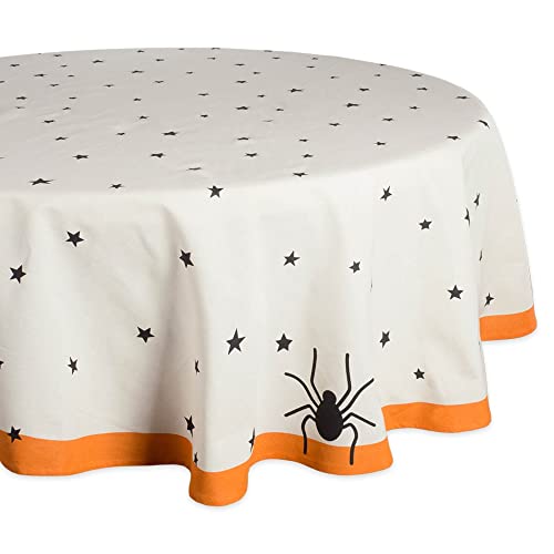 70-Inch Round Halloween Tablecloth with Black Stars & Spiders - Cotton, Washable