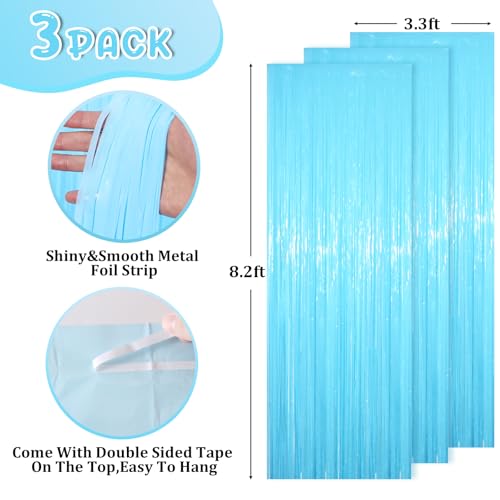 Pastel Blue Foil Fringe Curtain Backdrop - 3 Pack 8.2ft Party Decorations with Variation 16 Pastel Blue