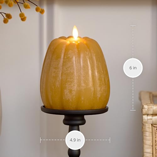 Flameless Flickering Pumpkin Candle - Unscented LED Decor with Timer, Harvest Gold, 4.9" x 6"