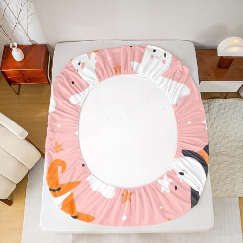 Feelyou Pink Halloween Fitted Sheet Twin Size for Boys & Girls - Variation: Pink White