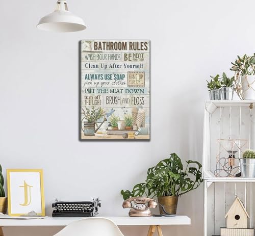 Bathroom Rules Wall Art - Canvas Wall Decor 24x16 Inches - Farmhouse Bathroom Slogan