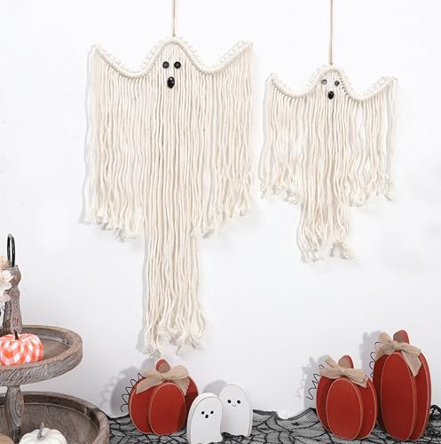 Halloween Ghost Wall Decor Set of 2 - Boho Macrame Spooky Wall Hangings