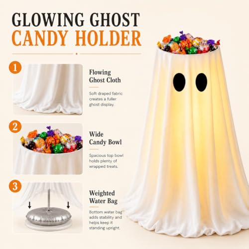 Lighted Halloween Ghost Candy Bowl with Remote Control, 35-Inch Outdoor Decor