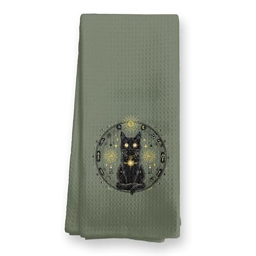 Mystical Black Cat Kitchen Towels - Boho Witchy Celestial Dish Tea Hand Towels - 19child