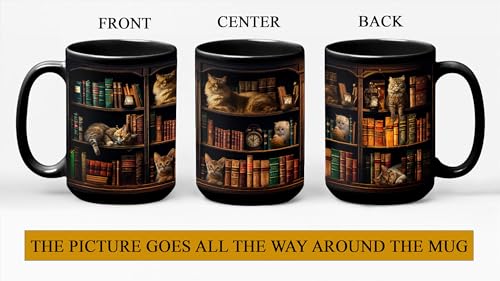 Cat Book Mug - Book Lover Gift, 15oz Coffee Cup for Readers & Cat Enthusiasts