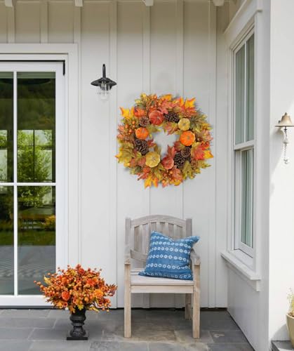 Fall Wreath 26 Inches - Autumn Velvet Pumpkin & Maple Leaf Front Door Decor - Large Harvest Thanksgiving Halloween Wreath - Briful Variation