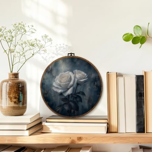 Mystical White Rose Floral Wall Art Decor - Round 10x10 Inch Canvas with Variation Whiteroes