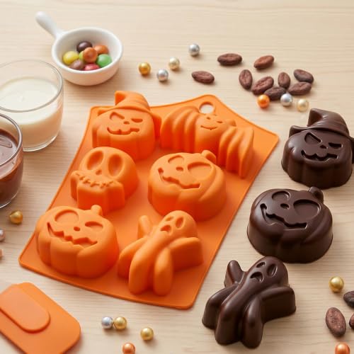 Halloween Silicone Chocolate Molds - 6 Cavity Pumpkin Bat Skull Ghost Witch Hat