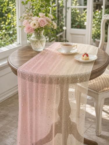 Champagne Pink Sequin Sheer Table Runner 28x120 Inch 6PCS Boho Wedding Party Decor