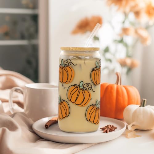 Fall Pumpkin Iced Coffee Glass Cup with Lid & Straw - 18oz Orange