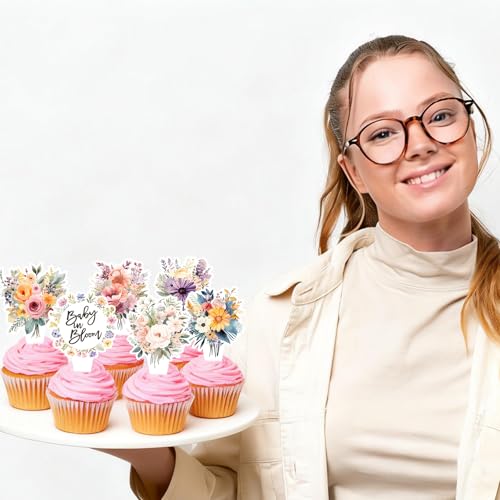 Wildflower Baby in Bloom Floral Cupcake Toppers - 40 Pack, Ready to Use