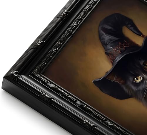 Black Framed Halloween Black Cat Wall Art Gothic Witch Cat Portrait Canvas Decor 11x9