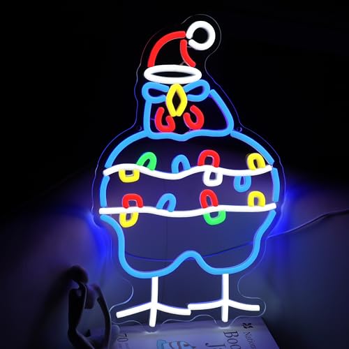 Christmas Chicken Neon Sign with Santa Hat - Festive Party Decoration