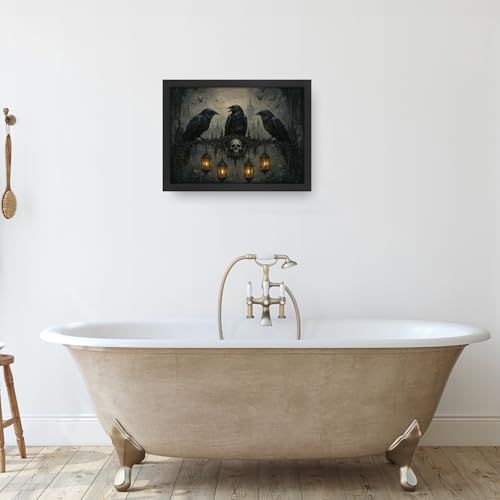 Crow Wall Art Canvas - Gothic Crow Framed Artwork for Living Room & Bedroom - 16x12 Inches