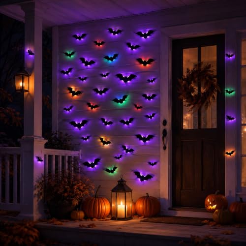 36 Pack LED Halloween Wall Decor Bats - 3D Light Up Wall Stickers, Reusable Spooky Decorations