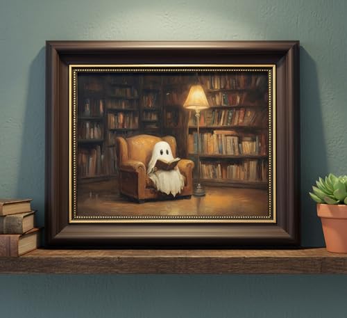 Vbaourut Halloween Ghost Wall Art - Reading Ghost Framed Decor 12x16 Inches - Dark Academia Style