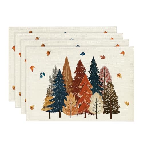 12 x 18 Inch Fall Leaves Placemats Set of 4 - Beige, Rectangular, Durable Polyester
