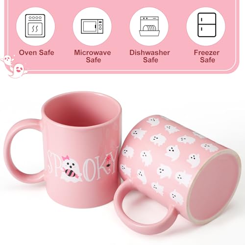Pink Ghost Halloween Coffee Mug Set 6 Pcs - 12 oz Ceramic Cups for Women