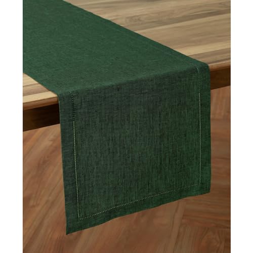 Forest Green Linen Table Runner - Milan 14 x 108 Inch, Handcrafted & Machine Washable
