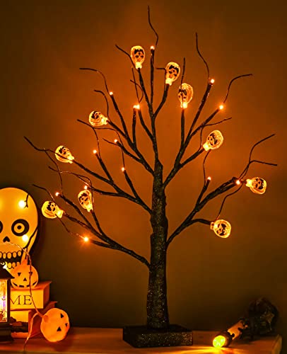 Orange Halloween Tree with 24LED Lights & Pumpkin Ornaments - 18IN Indoor Tabletop Decor