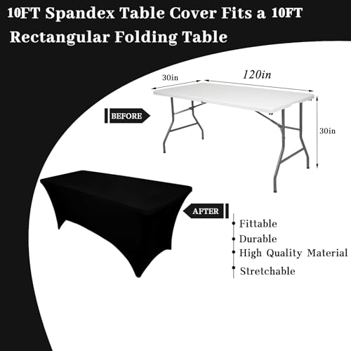 10FT Black Spandex Tablecloth for Rectangular Tables - Stretch Fit for 120x30 Inch Tables - Ideal for Christmas & Events