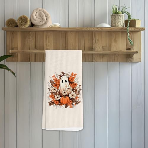 Halloween Fall Kitchen Towels with Rustic Floral Pumpkin Ghost Design - Section 9 - 16x24 Inch