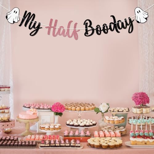 Halloween Ghost Half Birthday Banner - Rose Gold & Black Baby Shower Decorations