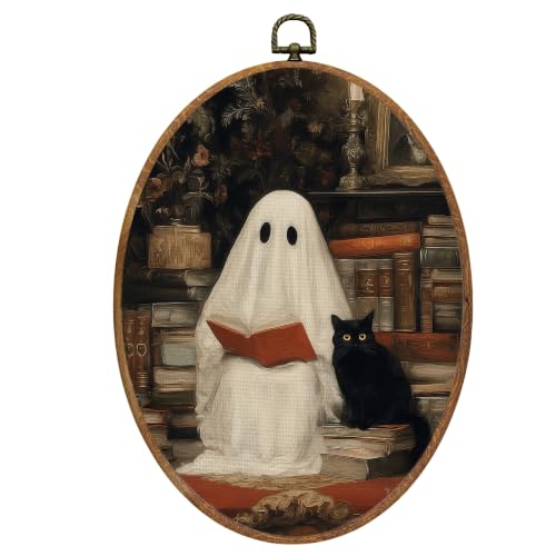 Ghost and Black Cat Reading Book Wall Art Decor - Framed 8.6x11.4 Inches, Colour 31