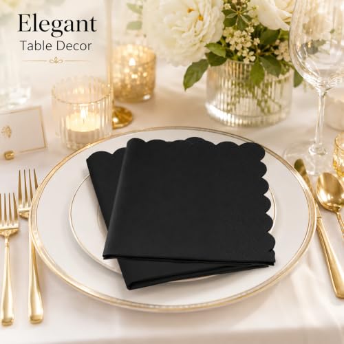 Black Cocktail Napkins 60 Pack - 5x5 Inch Scalloped Disposable Party Napkins - Wuvolution