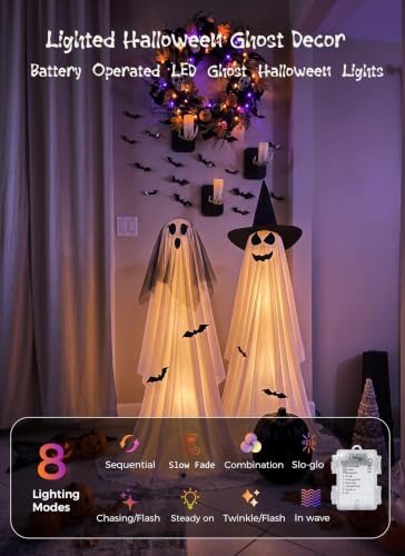 Minetom 2 Pack 5 FT Halloween Ghost Decorations Light Up Ghosts with Tripods & Remote - Veil-Witch Hat / 59in