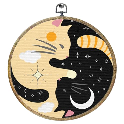 Black Cat Sun and Moon Round Wall Decor - 10.2x10.2 Inch Framed Canvas Art for Home & Office
