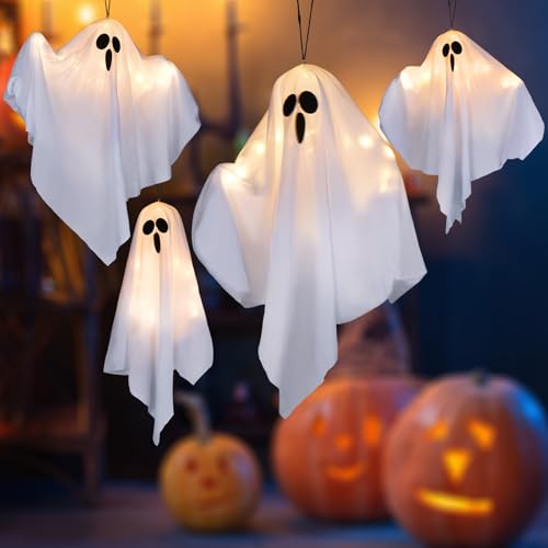 Halloween Ghost Light Decorations Set - 4 Hanging Floating Ghosts with Warm White LED for Indoor Outdoor Use - Variation 4
