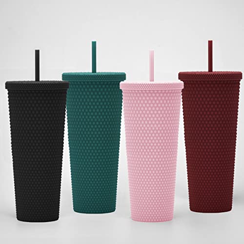24oz Fully Green-Black Studded Insulated Tumbler with Lid & Straw