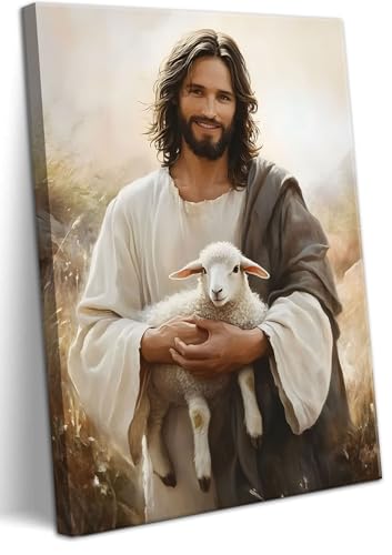Jesus and Lamb Canvas Wall Art - Wrapped 24"L x 16"W Christian Religious Decor