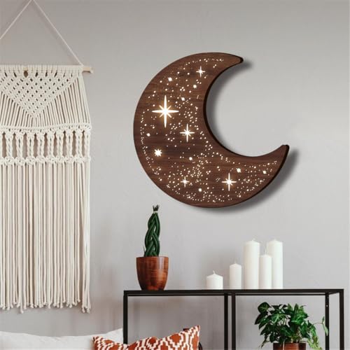 Wooden Moon Phase Wall Art Decor with LED Night Light - Variation A