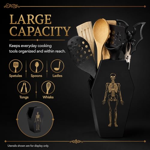 Gothic Coffin Utensil Holder - Black Wooden Halloween Kitchen Organizer