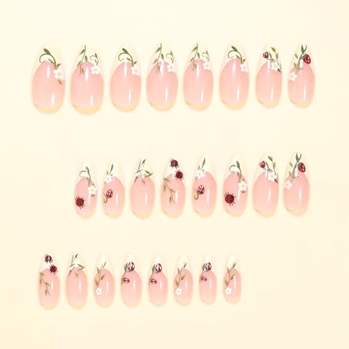 French Tip Press-On Nails Set - Daisy Ladybug Strawberry Floral Almond Style, 24Pcs