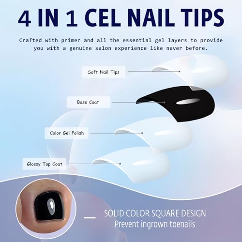 Black Short Square Press On Toenails Kit for Women - 144 Pcs with Adhesives & Nail Tools