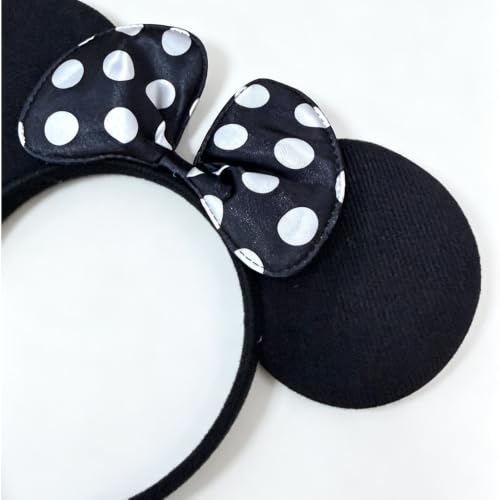 Kids & Adults Plush Headband with Polka Dots and Bow - Black with White Dots