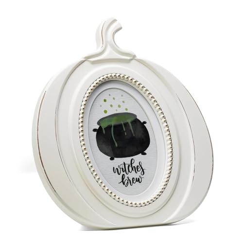 Halloween Pumpkin Picture Frame 5x7 White with Gold Beading - Fall Decor, Wall & Tabletop