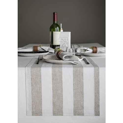 Natural & White Linen Table Runner 14x108 Inches - Striped Cotton