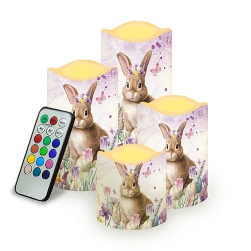 Easter Bunny Purple Floral Flameless Candles Set with Remote & Timer - Color Changing LED Pillars