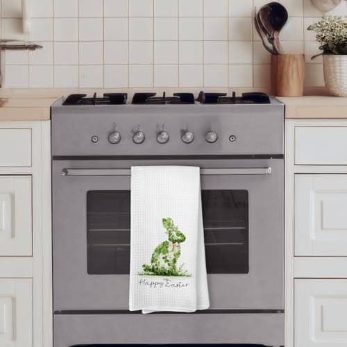 Green Bunny Easter Kitchen Dish Towels - Farmhouse Spring Hand Towels, 16x24 Inches