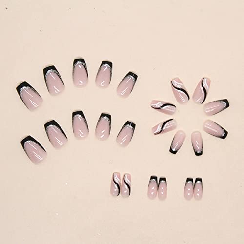 24PCS French Tip Press-On Nails Medium Length Square Fake Nails with Silver Glitter Line Designs