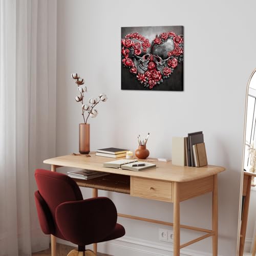 Gothic Skull and Roses Wall Art - Red Floral Heart Design, 20x20 Inch